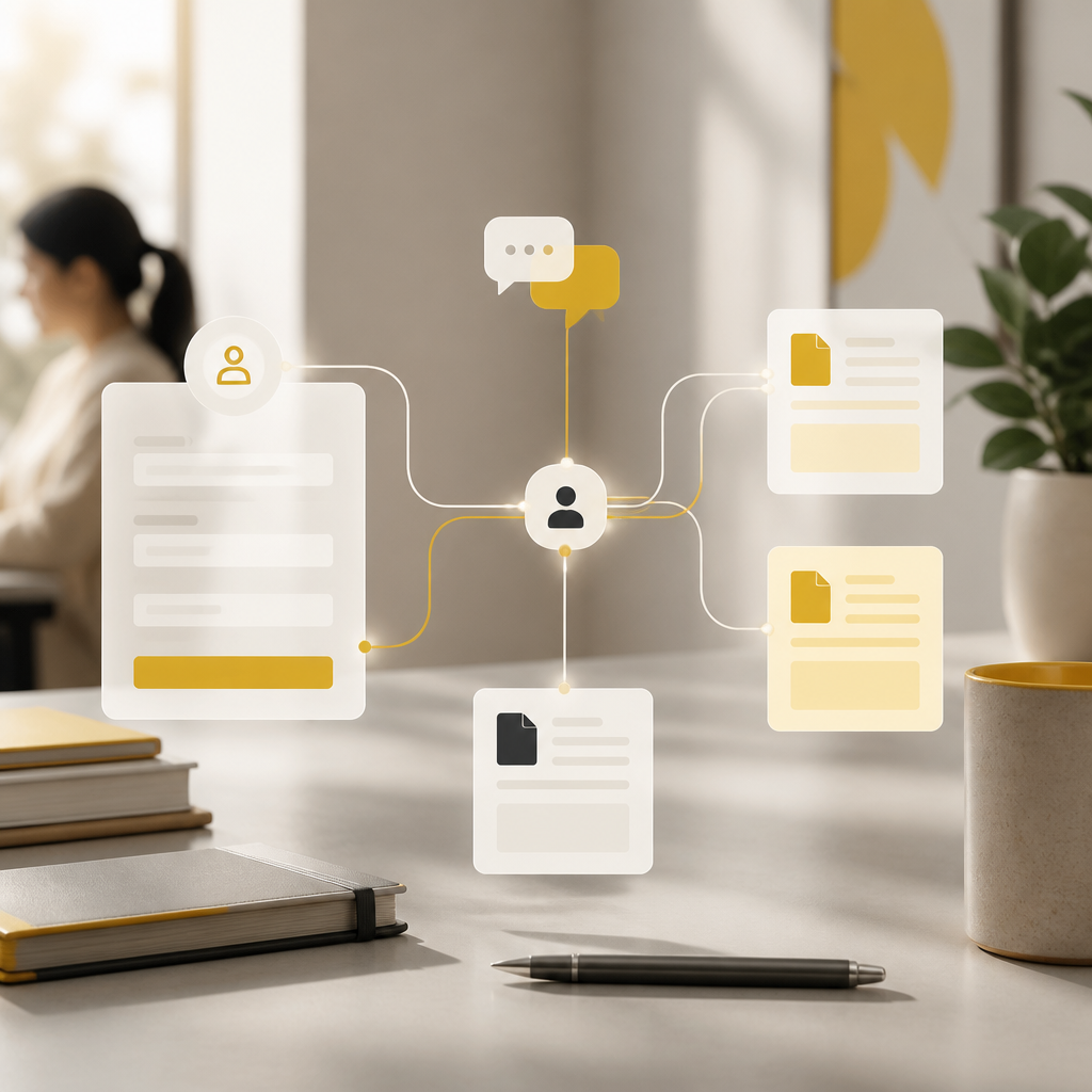 A premium editorial education operations scene with connected workflow elements—generic form, chat, and document cards—linked by flowing data lines in warm gold and near-white brand tones, with no readable text.