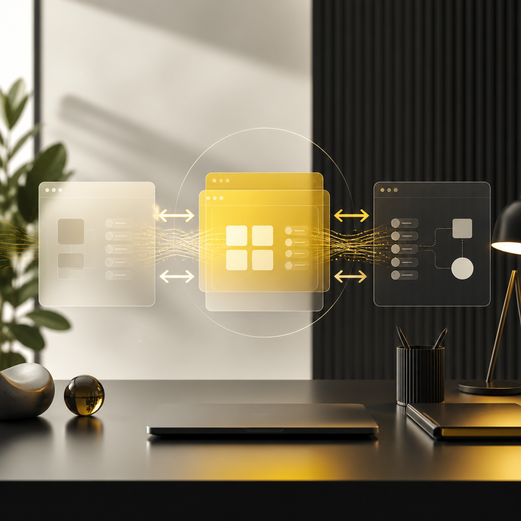A premium editorial scene showing semi-transparent system panels connected by abstract bidirectional data arrows, conveying integration without replacement in gold-accented near-white and dark tones, with no readable text.