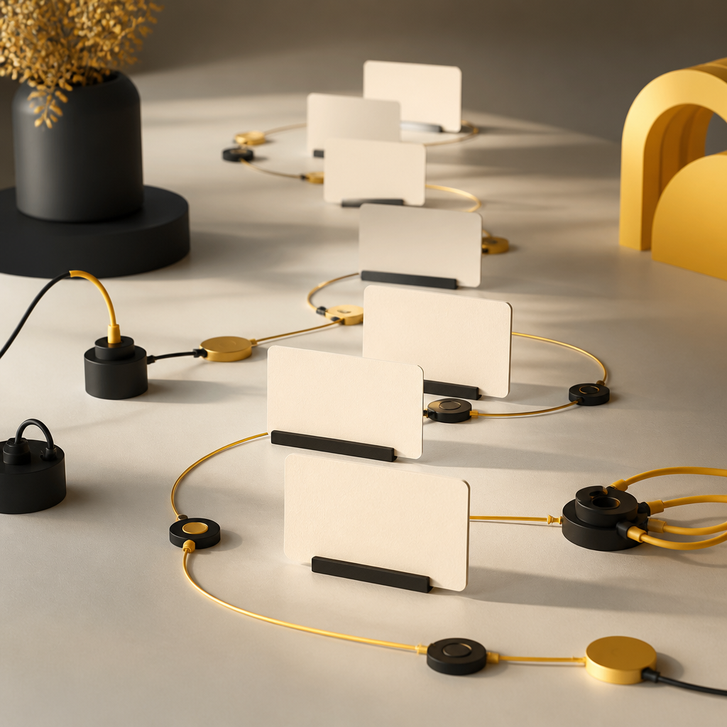 A premium editorial roadmap scene with blank milestone cards and connected route lines in gold-accented near-white and dark tones, suggesting step-by-step implementation without any readable text.