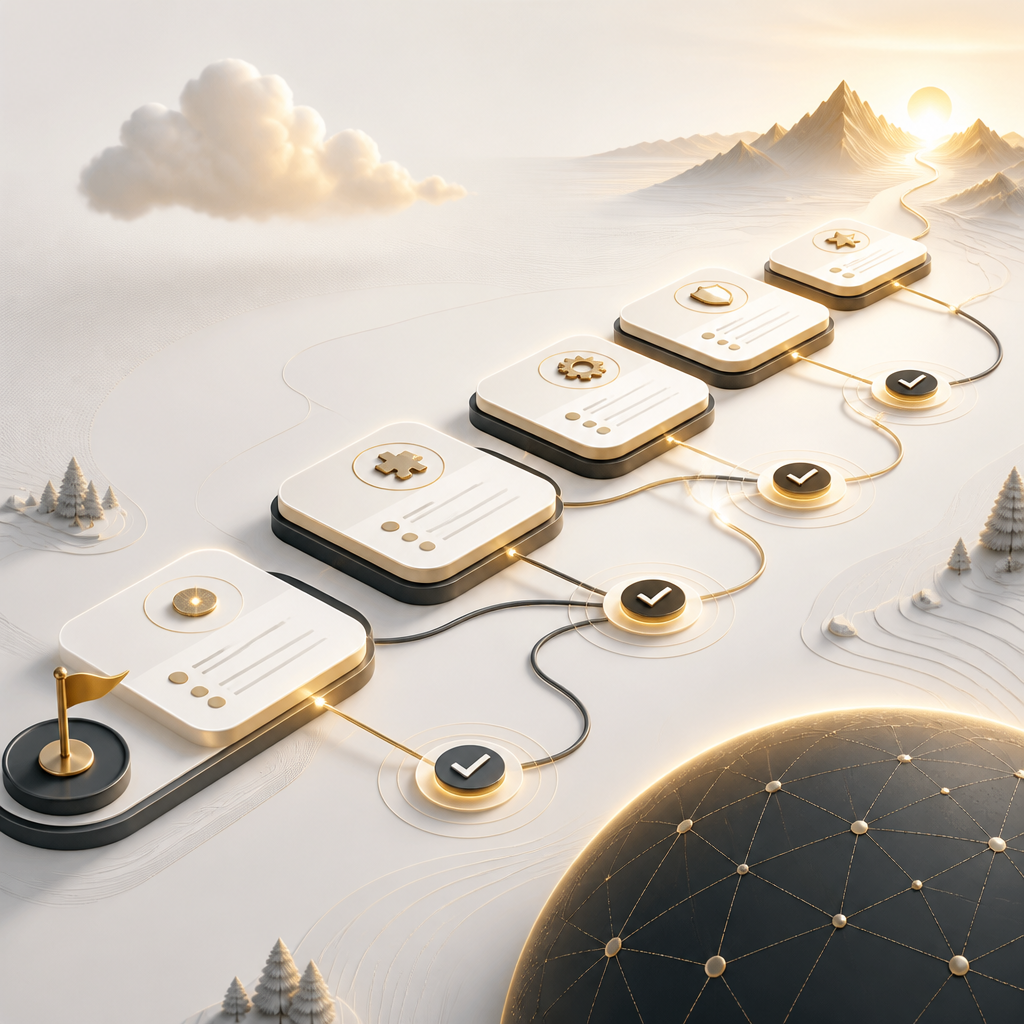 Abstract roadmap visualization with connected step cards and integration lines in warm gold and neutral tones, representing planning, testing, and monitoring without any readable text.