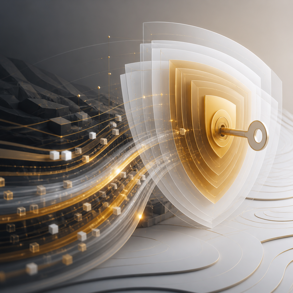 Abstract privacy and governance scene with layered shield-like protection and flowing encrypted data streams in warm gold and neutral tones, conveying secure handling and auditability without any readable text.