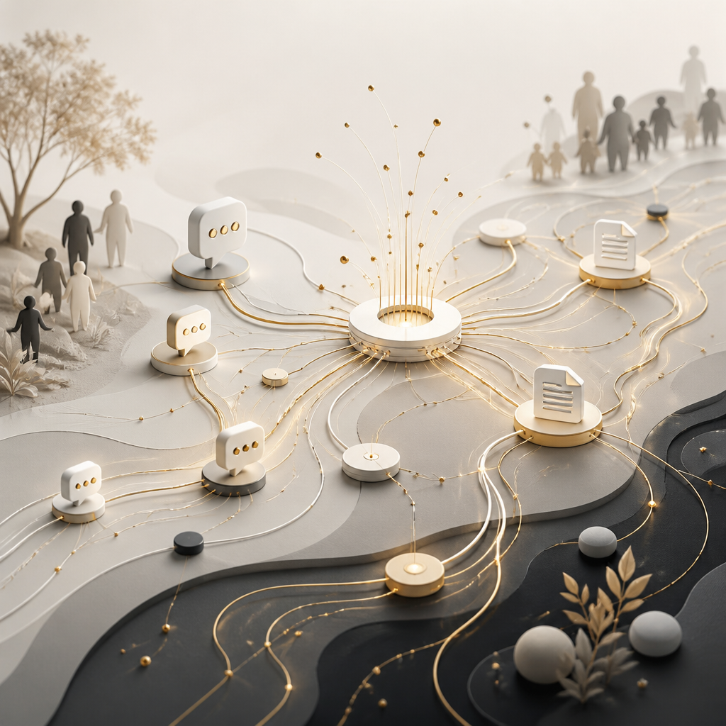 Abstract connected workflow network representing AI automation as an operations layer with warm gold accents and neutral tones, showing routed requests and document processing without any readable text.