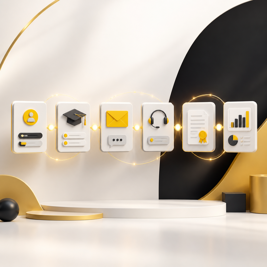 Abstract integration layout connecting systems like CRM, LMS, messaging, support, certificates, and analytics using clean gold link lines on a neutral editorial background.