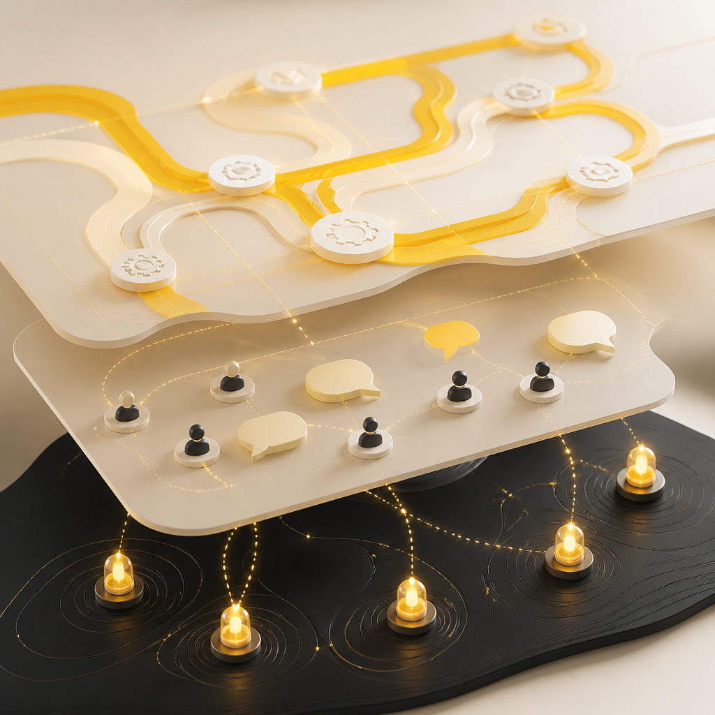 Abstract three-layer automation flow connecting onboarding, support, and monitoring signals in a warm, premium editorial color palette.