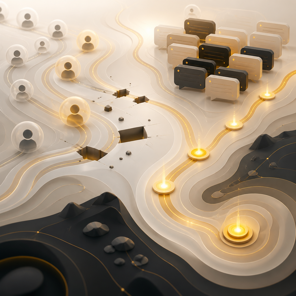 Abstract depiction of onboarding steps and support flow issues at scale, shown as incomplete pathways and queued signals in a warm gold-and-neutral palette.