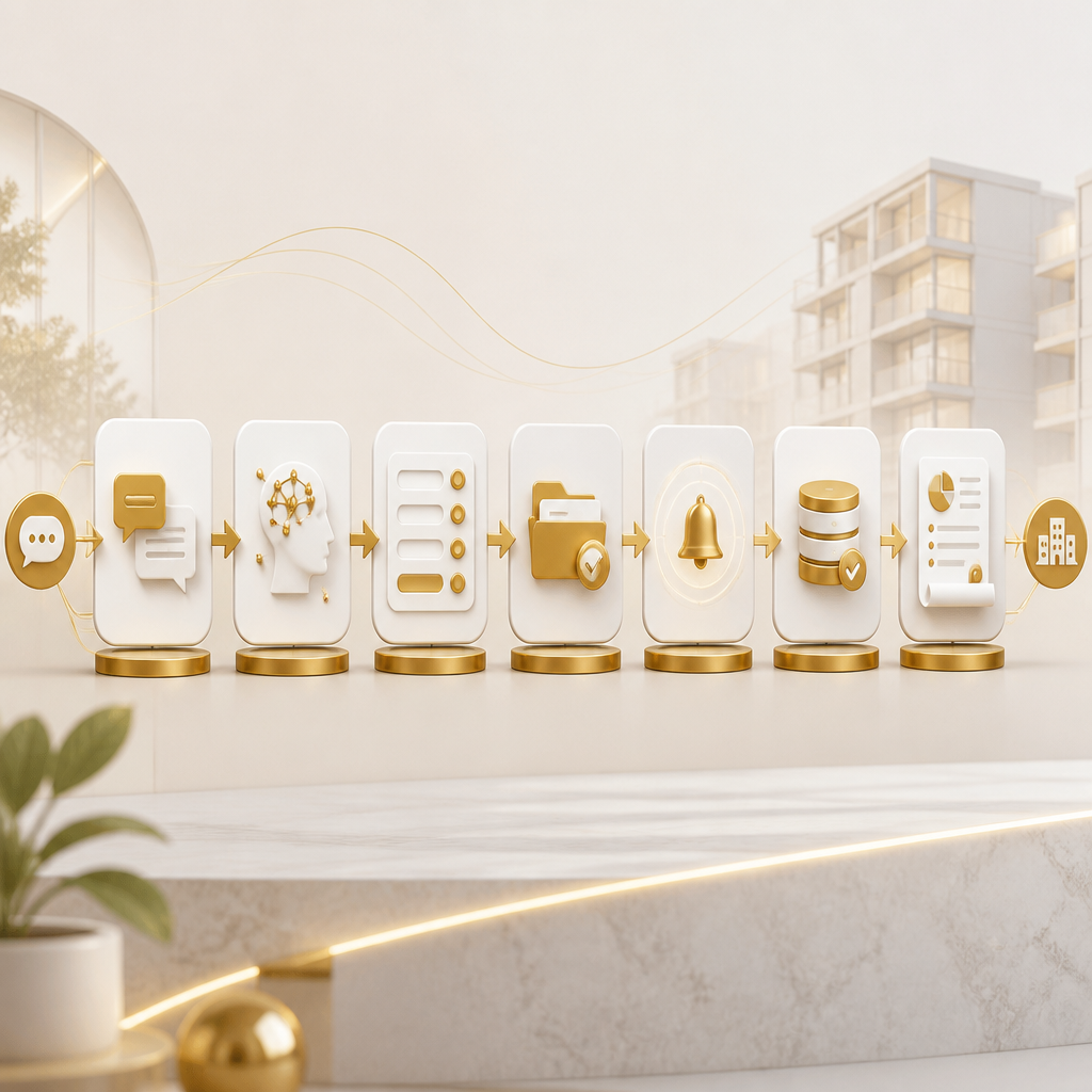 A clean editorial visualization of an AI automation pipeline for property management, showing message intake to routing, communications, record updates, and generated reports in brand colors.