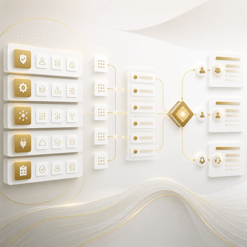 A premium editorial visualization of key AI automation requirements for property management, featuring structured data mapping, tool integrations, escalation routing, and consistent communication templates in warm brand colors.