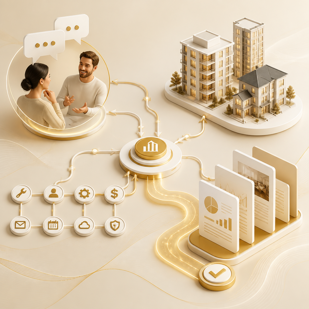A premium editorial visualization of interconnected property-management automation concepts, combining conversational intake, workflow routing, integrations, and document generation in warm brand colors.