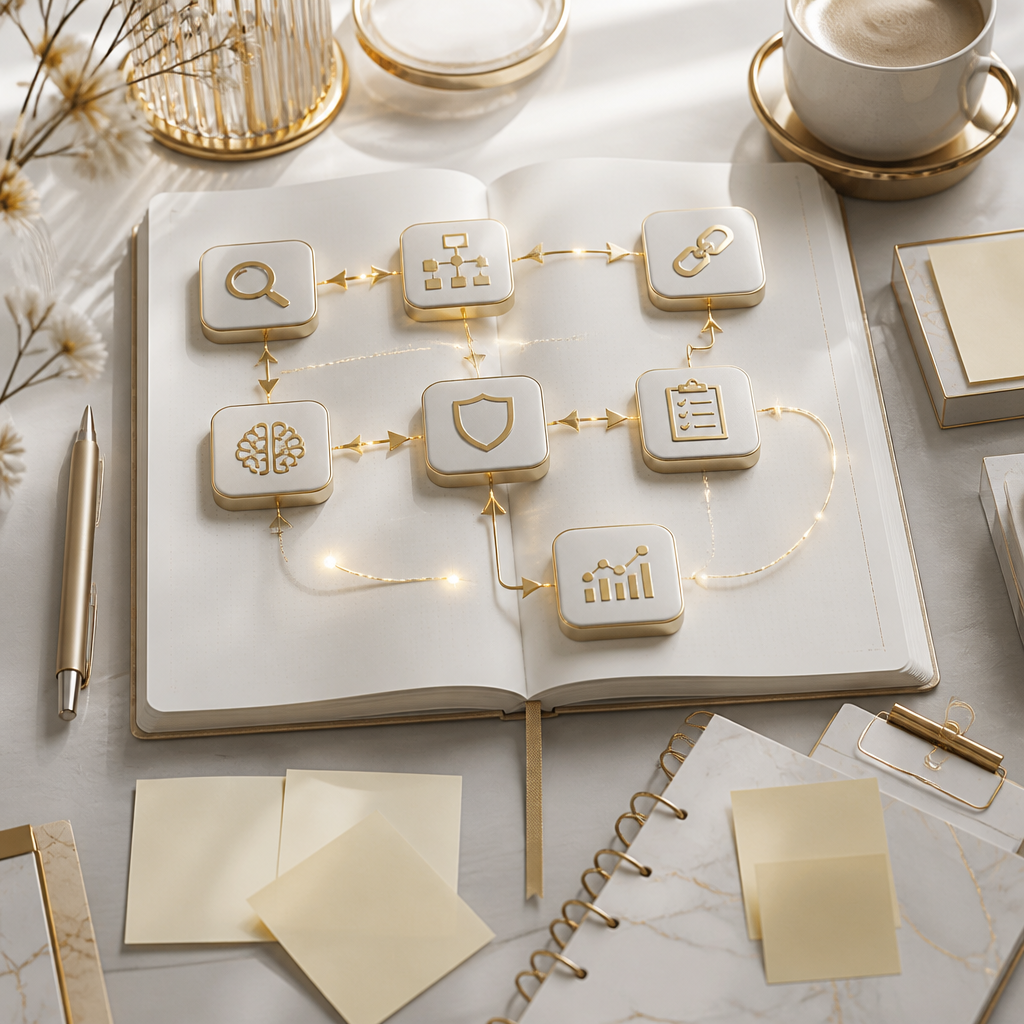 An elegant planning desk scene with abstract golden step blocks and arrow paths over blank notebook pages, representing the step-by-step retail AI automation blueprint.