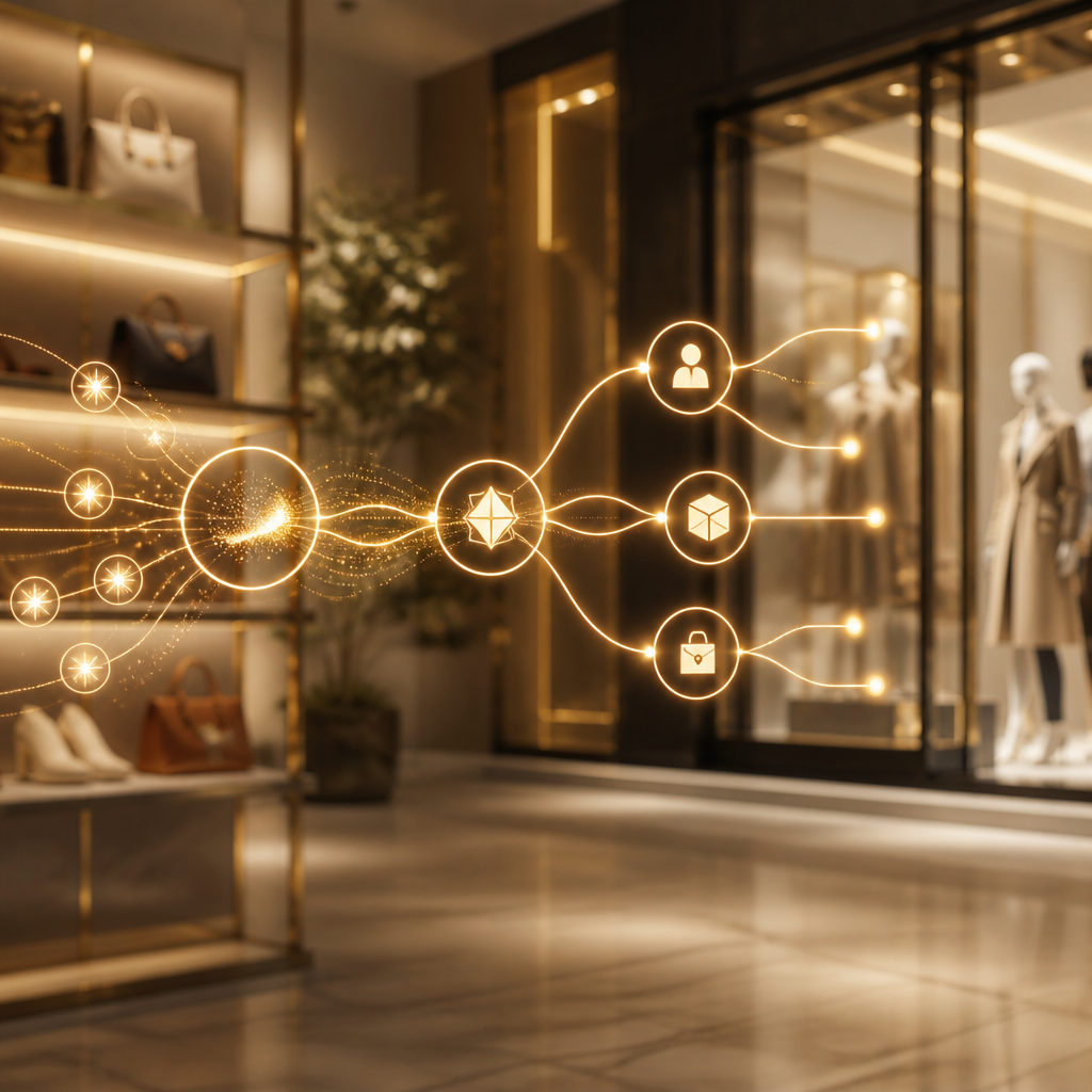 Golden workflow nodes and connecting light paths over softly blurred retail shelves, representing AI automation detection, decision-making, and execution.