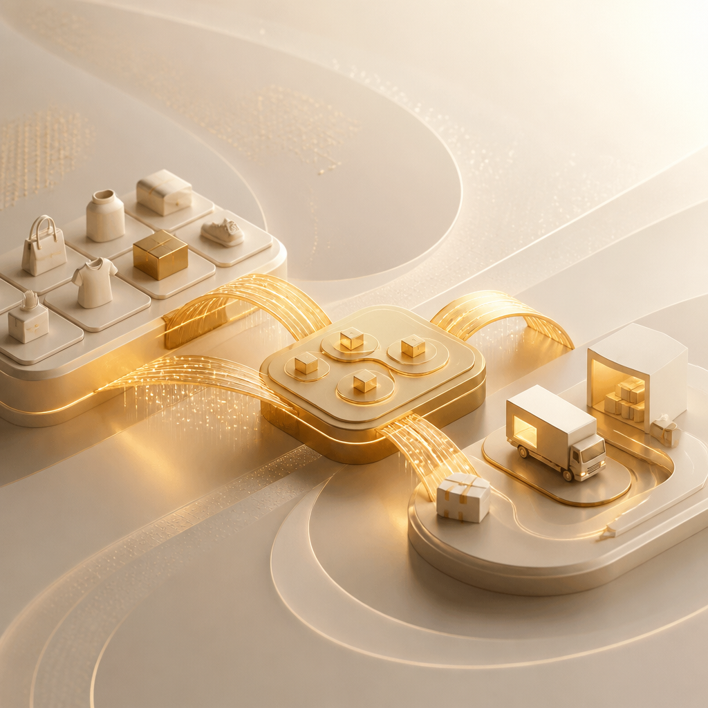 Abstract golden data bridges connecting retail inventory, order flow, and reporting concepts, representing system integration across retail tools.