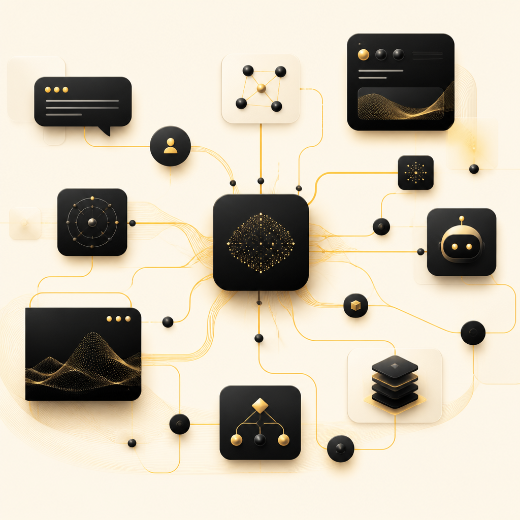 Abstract interconnected AI feature modules and workflow pathways in warm golden and deep neutral tones on a near-white editorial background.