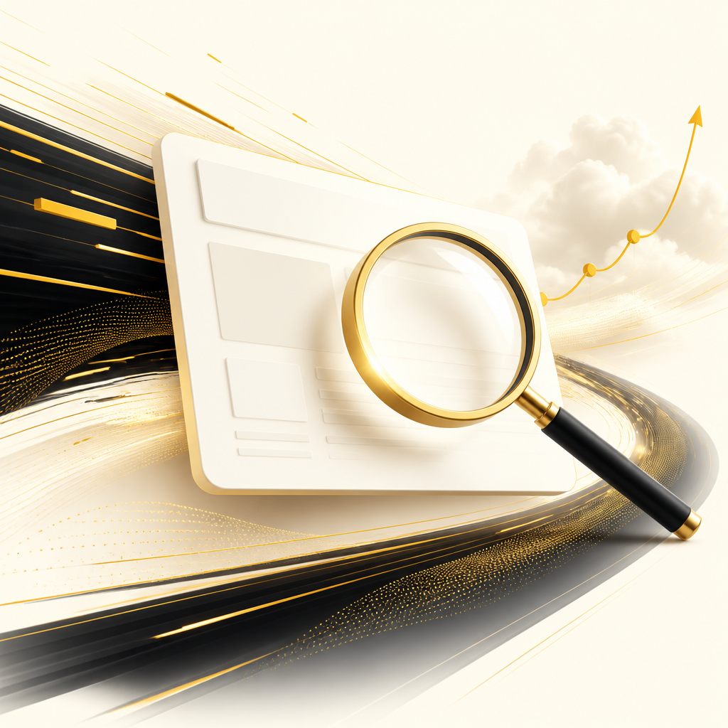 Editorial performance visualization with abstract speed streaks and a search-lens metaphor in golden and deep neutral tones on a near-white background.