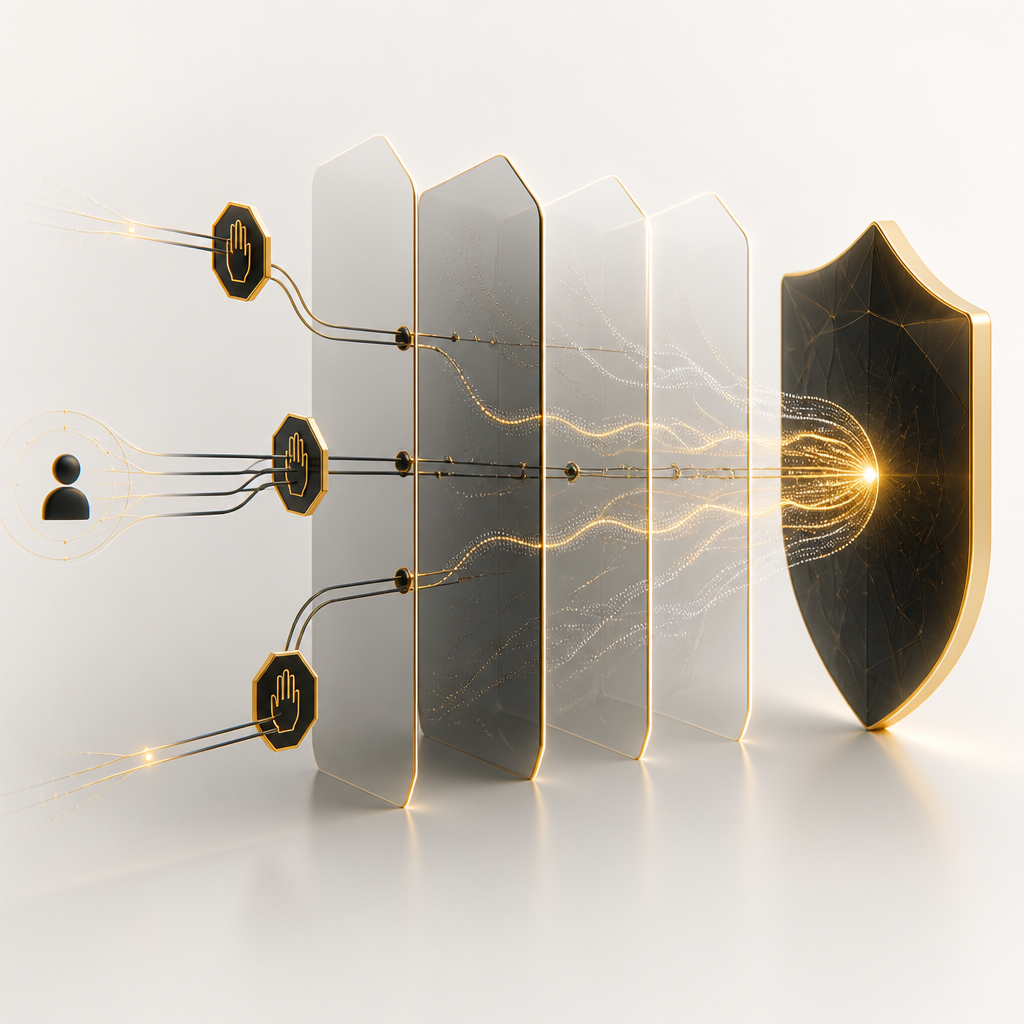 Abstract layered permission gates and encrypted data-flow pathways in deep neutral with golden accents, emphasizing controlled, safe AI automation.