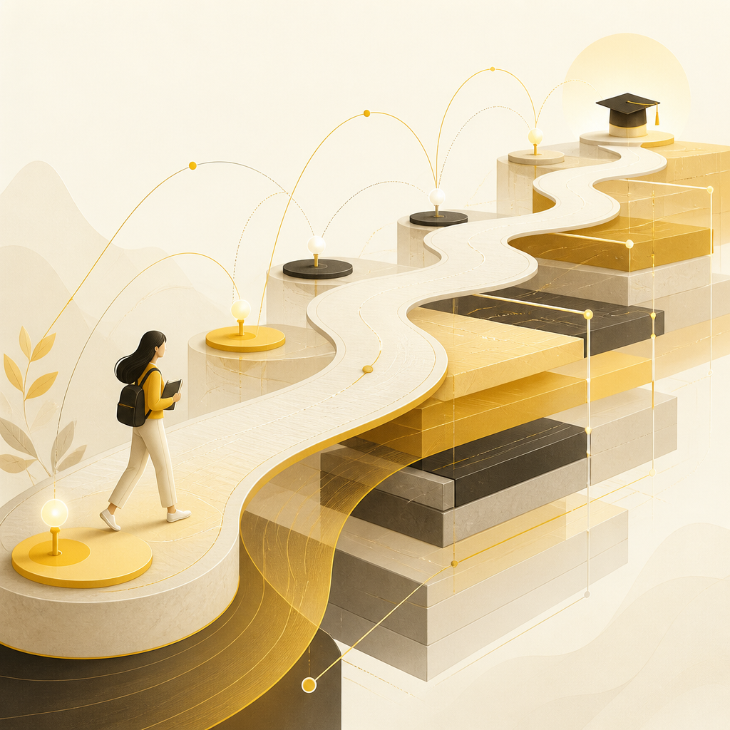 Abstract term-by-term timeline and milestone pathways connected to curriculum structure blocks, representing degree program journeys and progression status.