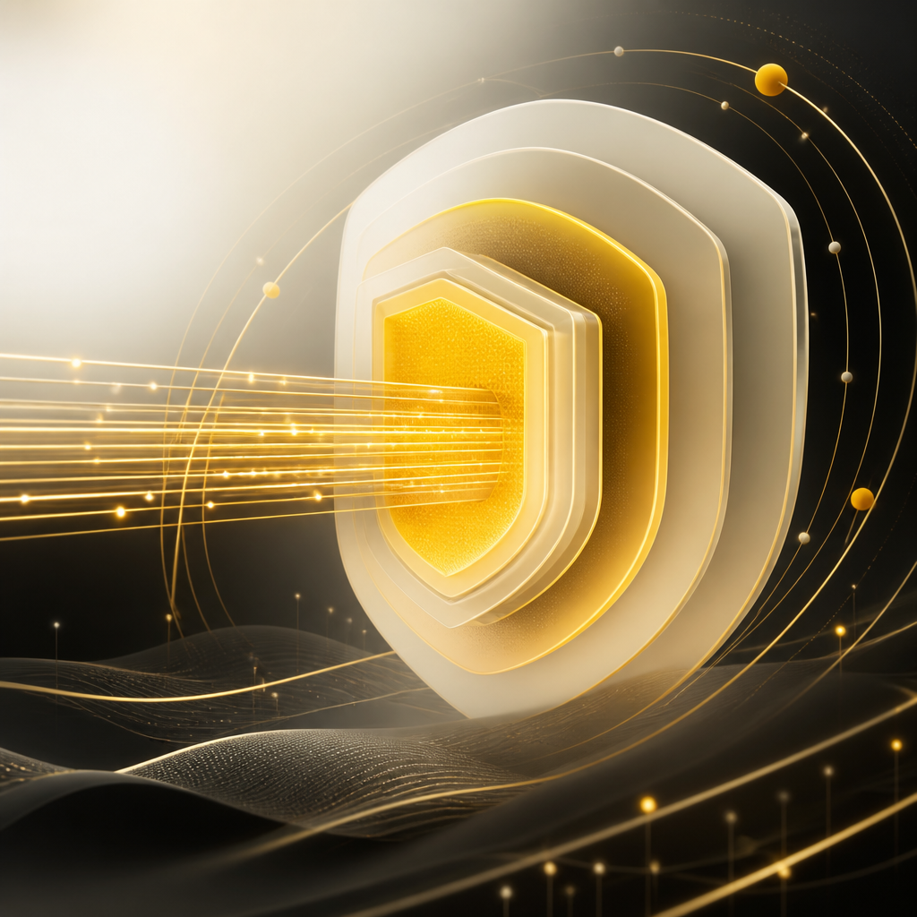 Layered protective structures and secure data channels with monitoring lines, illustrating authentication, role permissions, secure payments, logging, and reliable access.