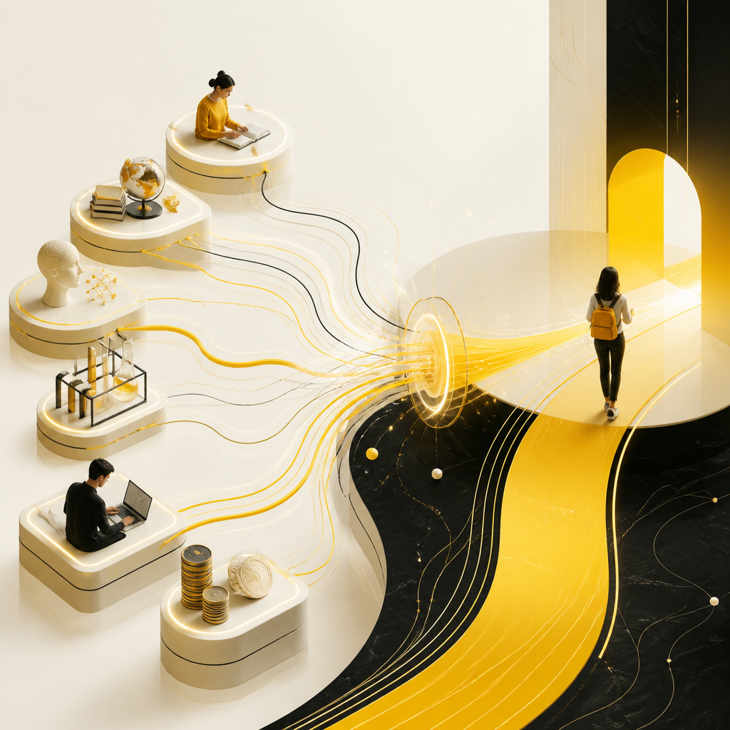 Abstract network of interconnected learning modules and workflow lines converging into a unified educational journey, reflecting enrollment, progress tracking, payments, and reporting.