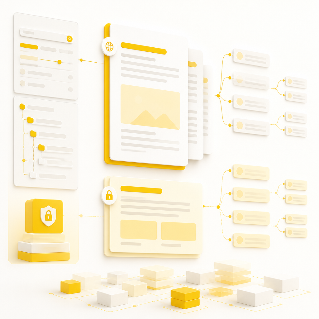 A premium editorial scene showing knowledge base structure with abstract category groupings, visibility layers, and connected article flow in warm gold and soft near-white tones.