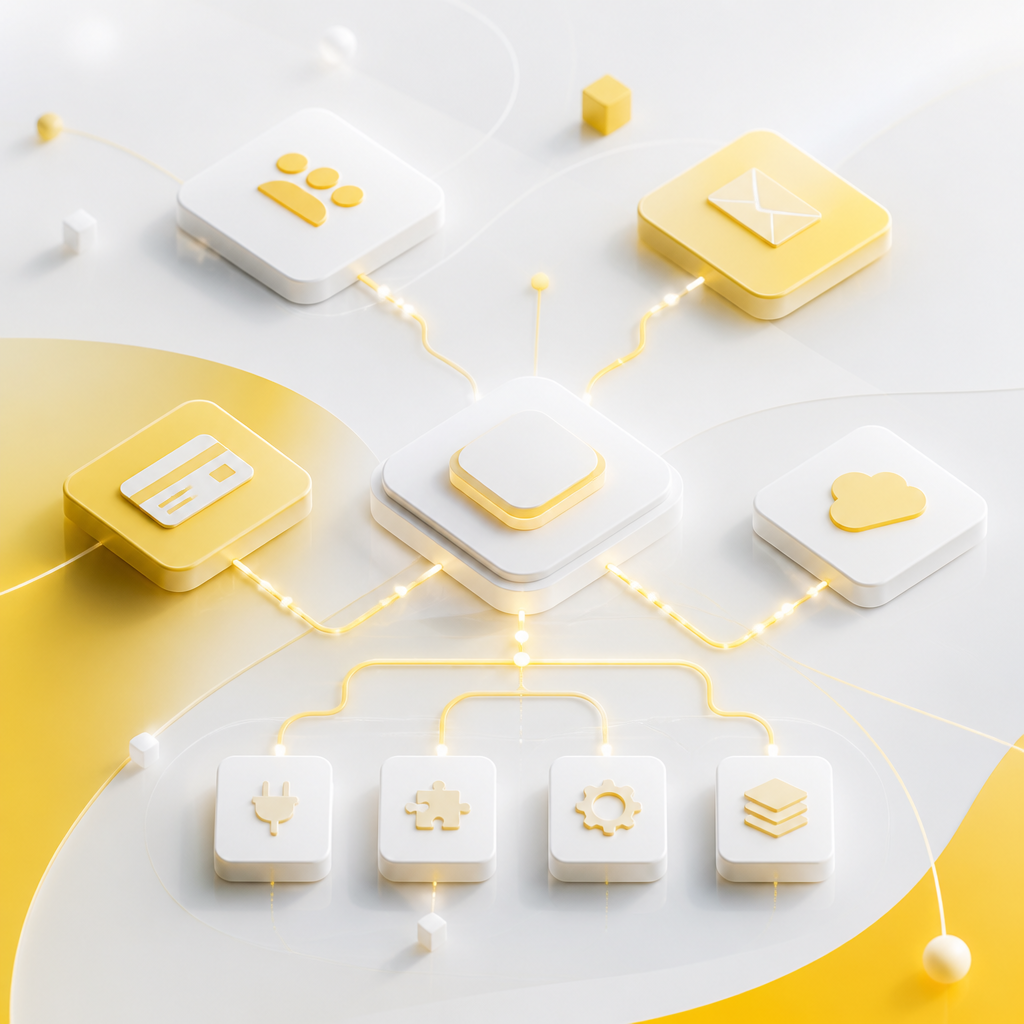 A premium editorial website scene illustrating API integrations and automation through abstract connected modules and flowing links in gold and near-white tones.