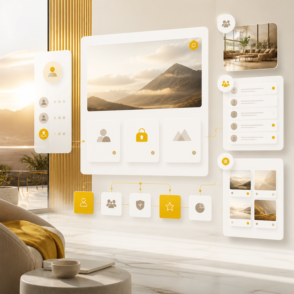 A premium editorial website scene suggesting member onboarding, access control, and gated content through abstract connected panels in warm gold and near-white tones.