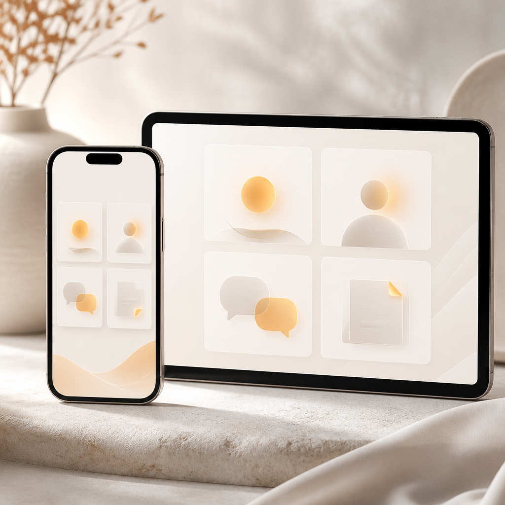 Text-free abstract mobile portal modules representing scheduling, onboarding, messaging, and documentation tasks.