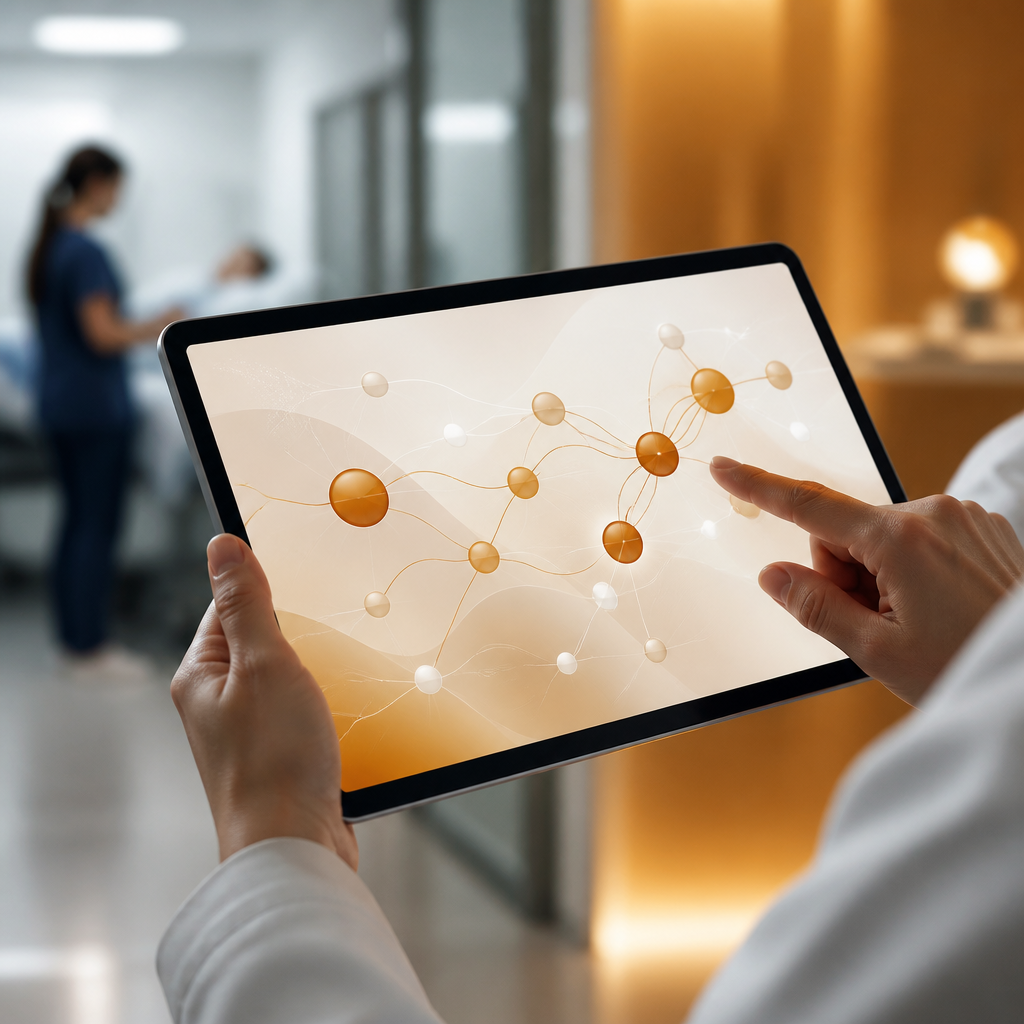 An abstract healthcare workflow interface on a tablet showing connected nodes representing intake and follow-up steps.