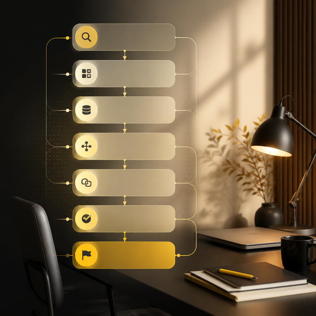 Modern editorial workspace with blank translucent workflow cards connected by abstract arrows and icons, representing discovery to launch iteration using a warm #FAC50C accent palette without readable text.