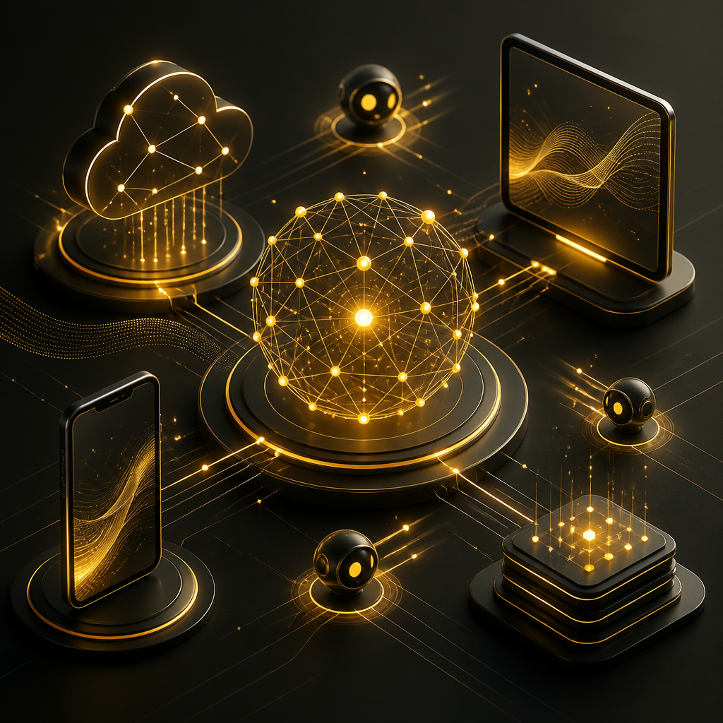 Abstract node network connected to tablet and mobile device silhouettes, representing web apps, mobile support, API integrations, and automation in a warm #FAC50C palette without readable text.