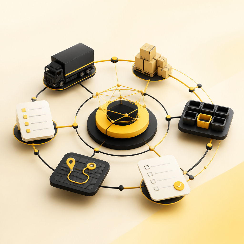 Abstract connected operational workflow elements representing dashboards, scheduling, inventory synchronization, customer portals, automation, and API integrations using a warm #FAC50C accent palette without any readable text.