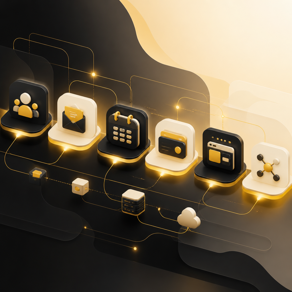 Abstract editorial illustration of an automation integration network with interconnected workflow nodes and a warm accent pathway representing end-to-end operational connectivity.