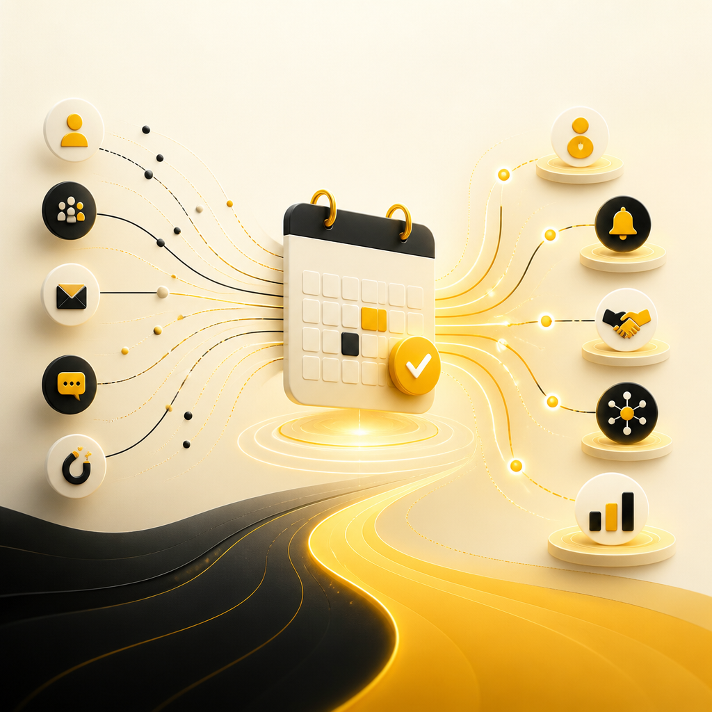Abstract editorial illustration of a booking and lead-routing workflow funneling into a scheduling structure using warm brand colors and clean connected geometry.