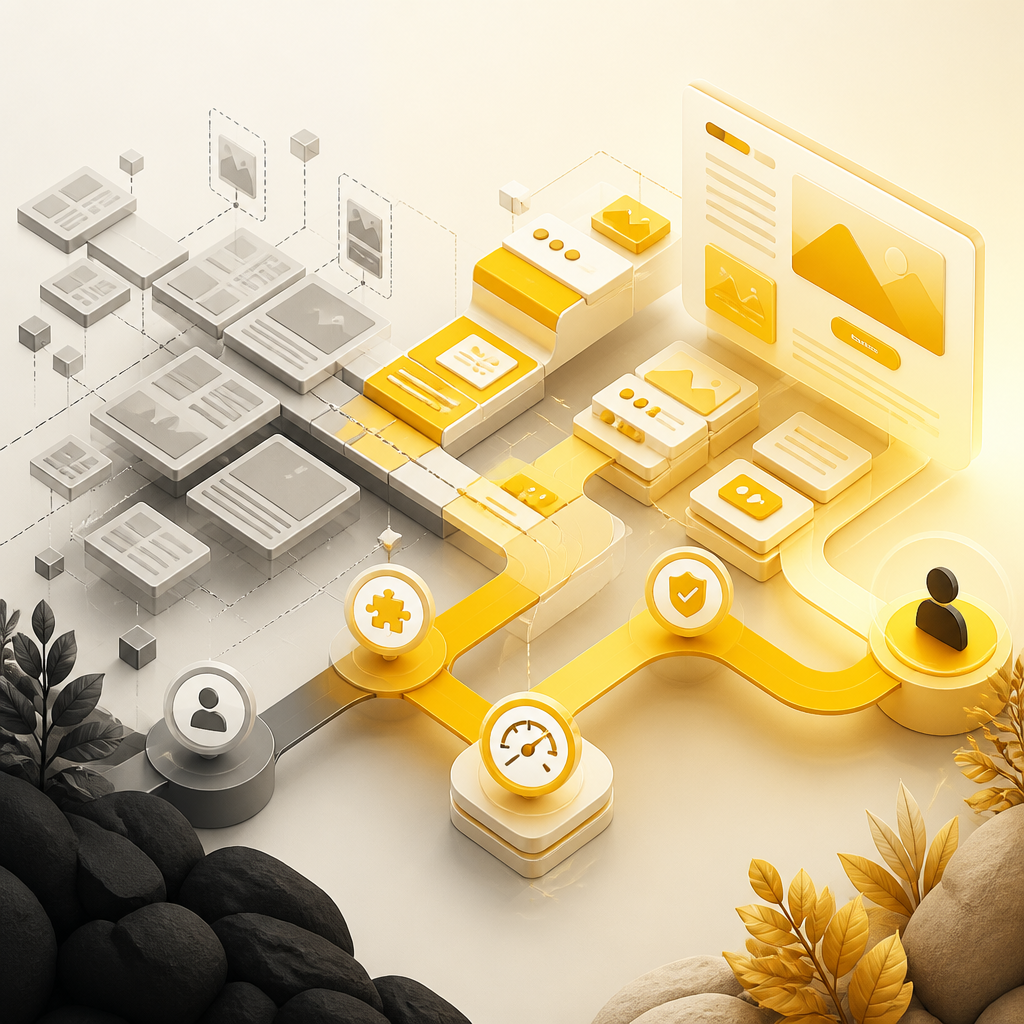 Abstract editorial illustration of a scalable, conversion-focused website journey represented by connected modular blocks and pathway nodes in warm brand tones.