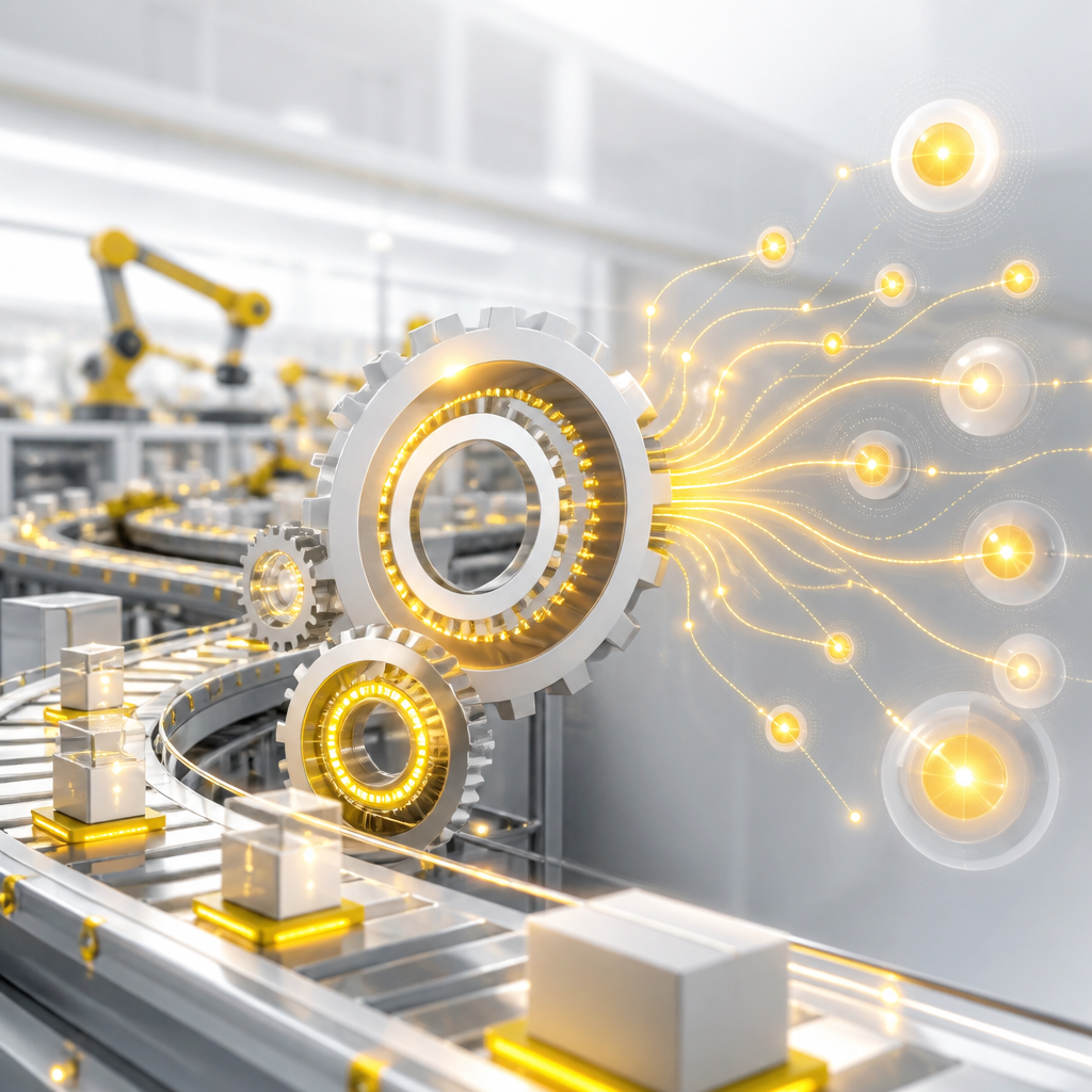 Editorial manufacturing automation scene using glowing connected shapes and gear-like mechanisms to symbolize conditional workflows and system-wide syncing, without readable text.