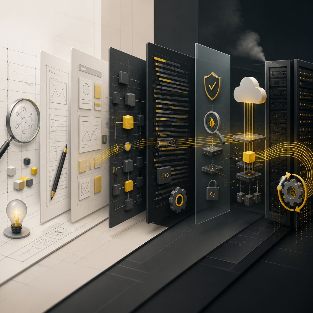Abstract end-to-end custom build visual showing layered workflow and system architecture transition from design through deployment without any readable text.