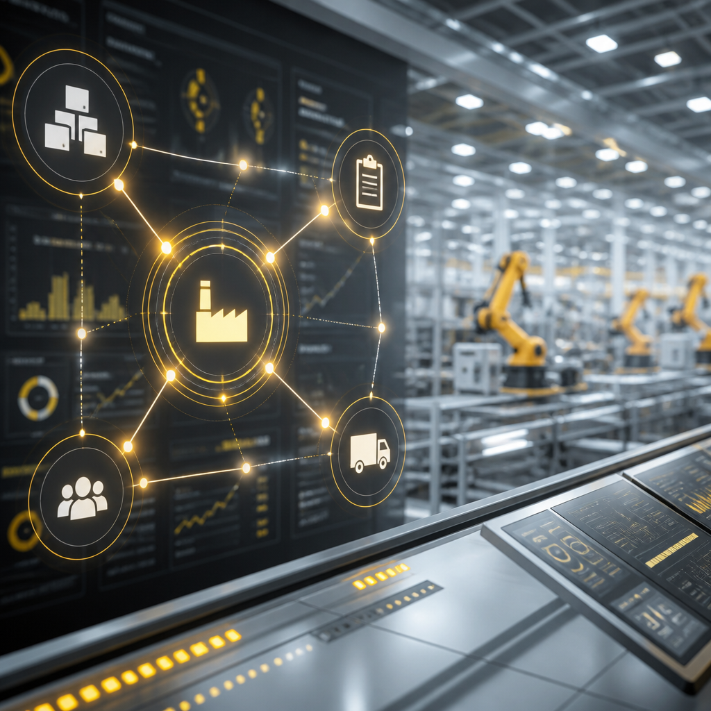 Abstract manufacturing operations workflow visualizing inventory and order processing connections with glowing nodes and production context, without any readable dashboard text.