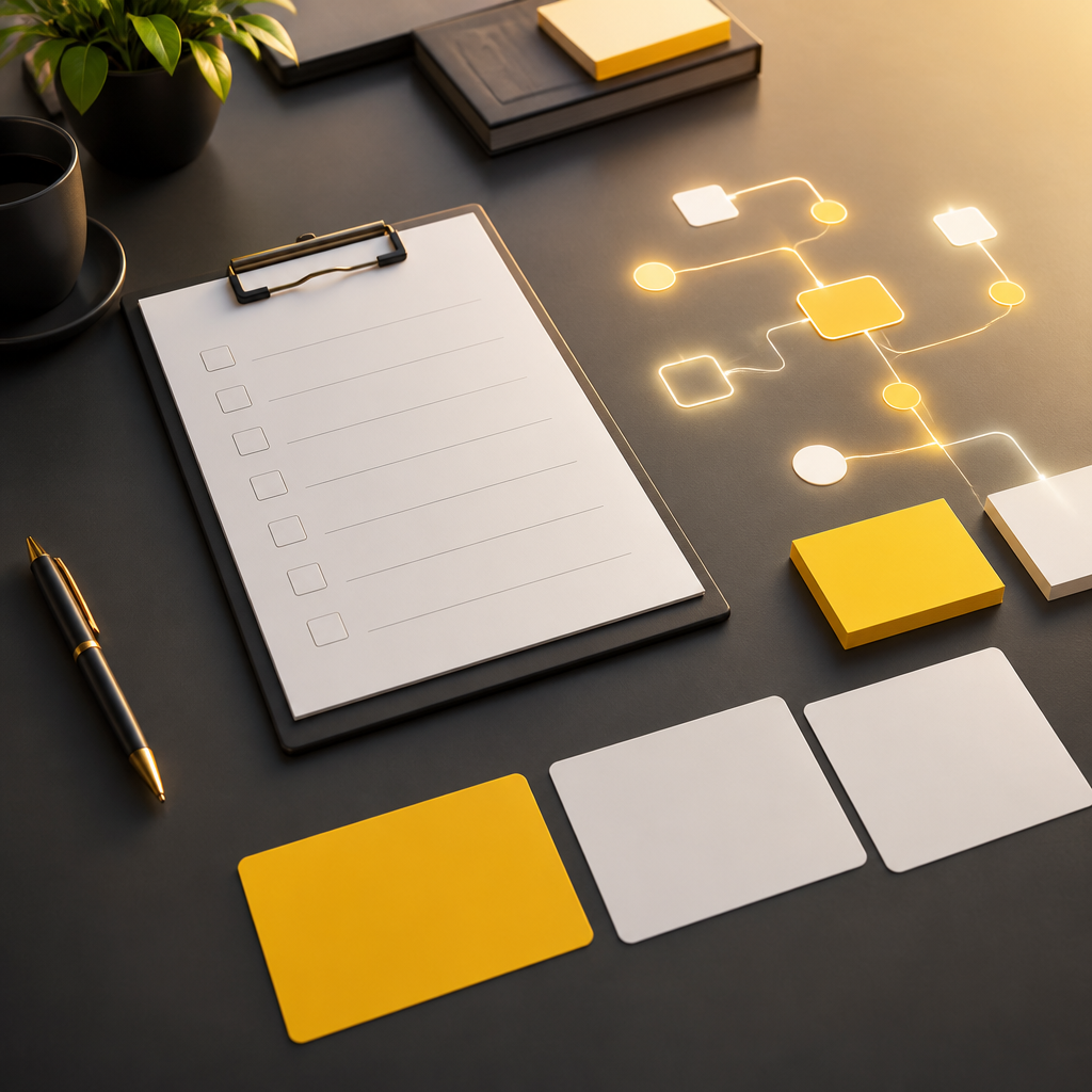 A premium desk planning scene with blank checklist elements and gold-accent sticky notes representing an integration quick-start workflow.