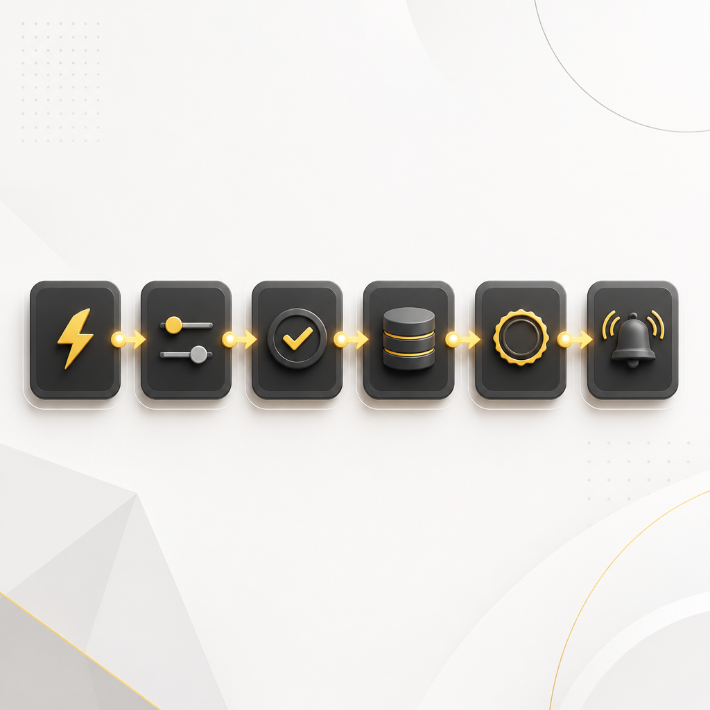 A clean unlabeled flow of connected integration steps, represented by distinct generic icons and gold accent connections.