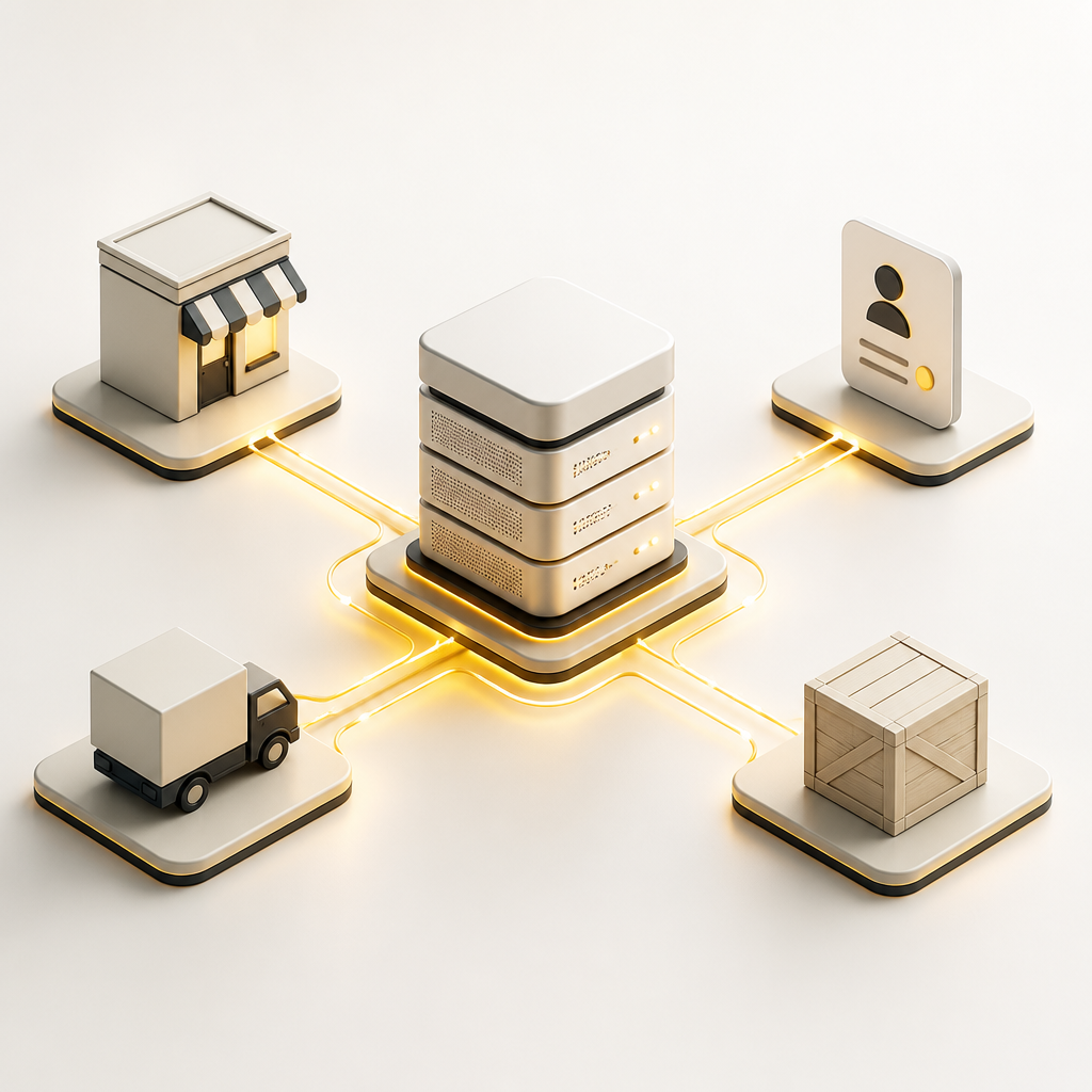 Abstract integration network connecting an ERP core to multiple business system nodes using warm accent lines.