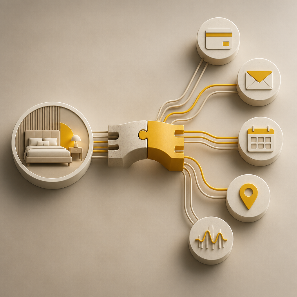 Abstract integration bridge linking payment, messaging, scheduling, mapping, and analytics concepts with warm gold accents.