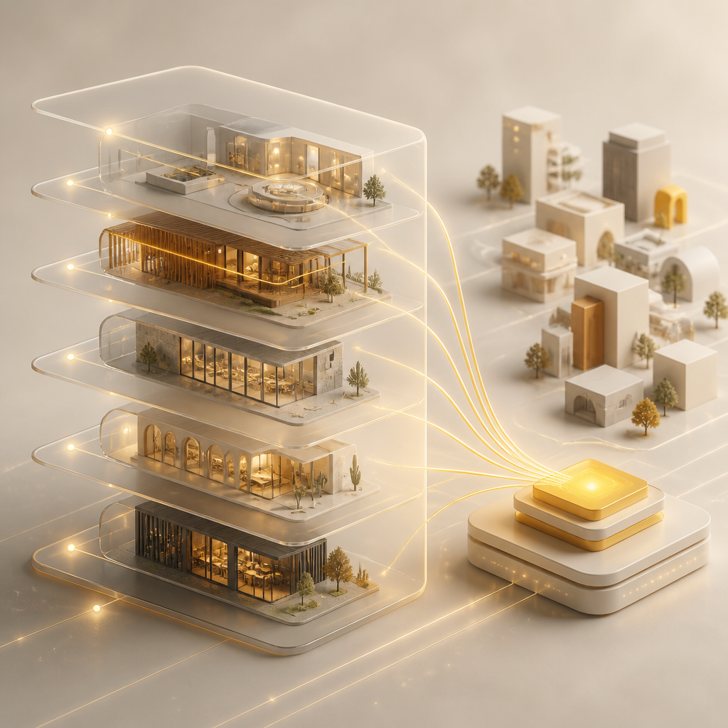 Layered modular tenant panels connected by a central orchestration concept in warm gold and near-white tones.