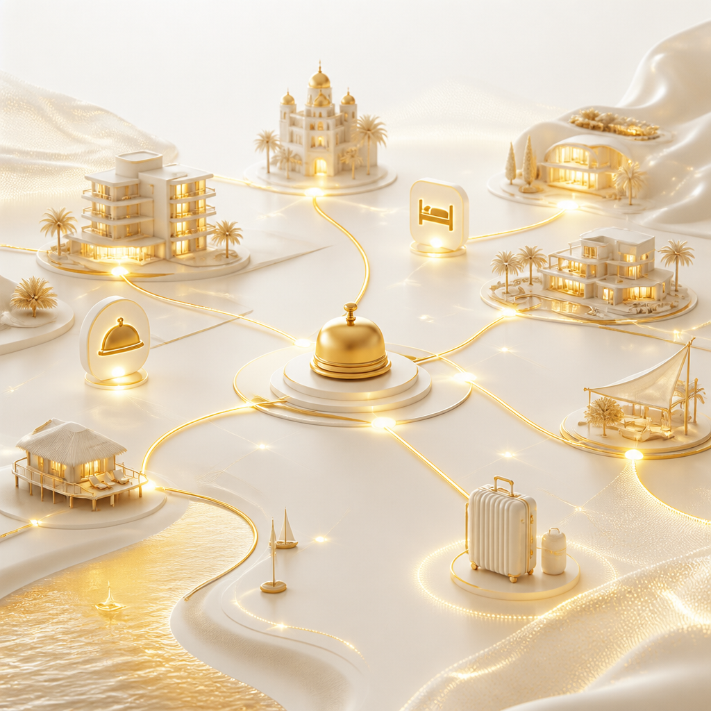 Abstract map-like connections linking hospitality bookings, availability rules, and communications using warm gold and near-white tones.