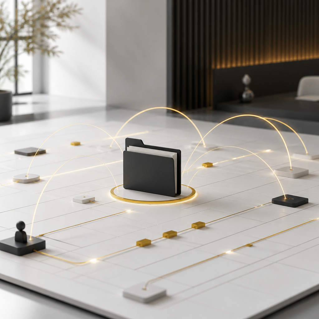 A minimal calendar-grid abstraction with glowing connection paths and a central case document motif representing coordinated booking, notifications, and scheduling workflows.