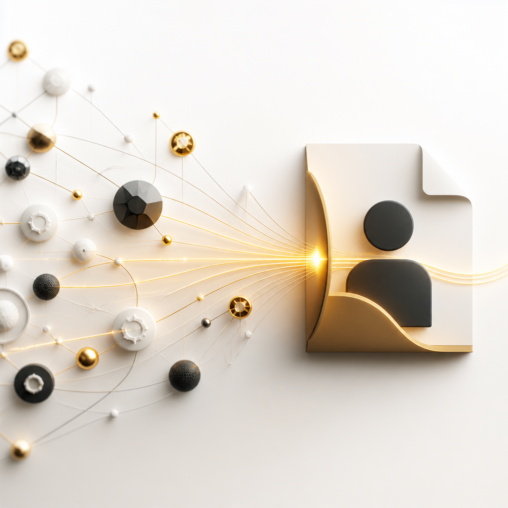 An abstract network of connected nodes and data flows converging toward document and client data structures, symbolizing automated API integrations without manual steps.