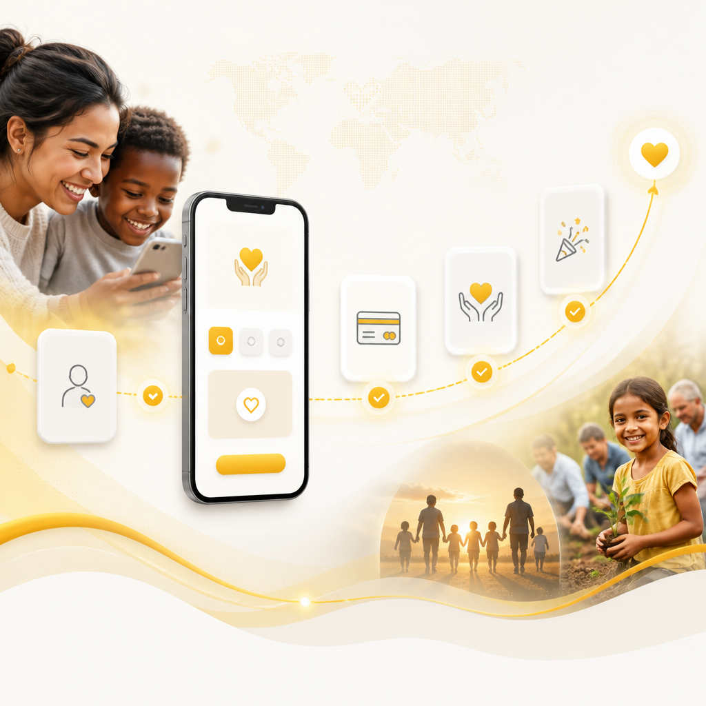 Abstract editorial scene showing a mobile-first nonprofit donation and registration journey represented with icon-only tiles and connected confirmation nodes in warm brand colors.