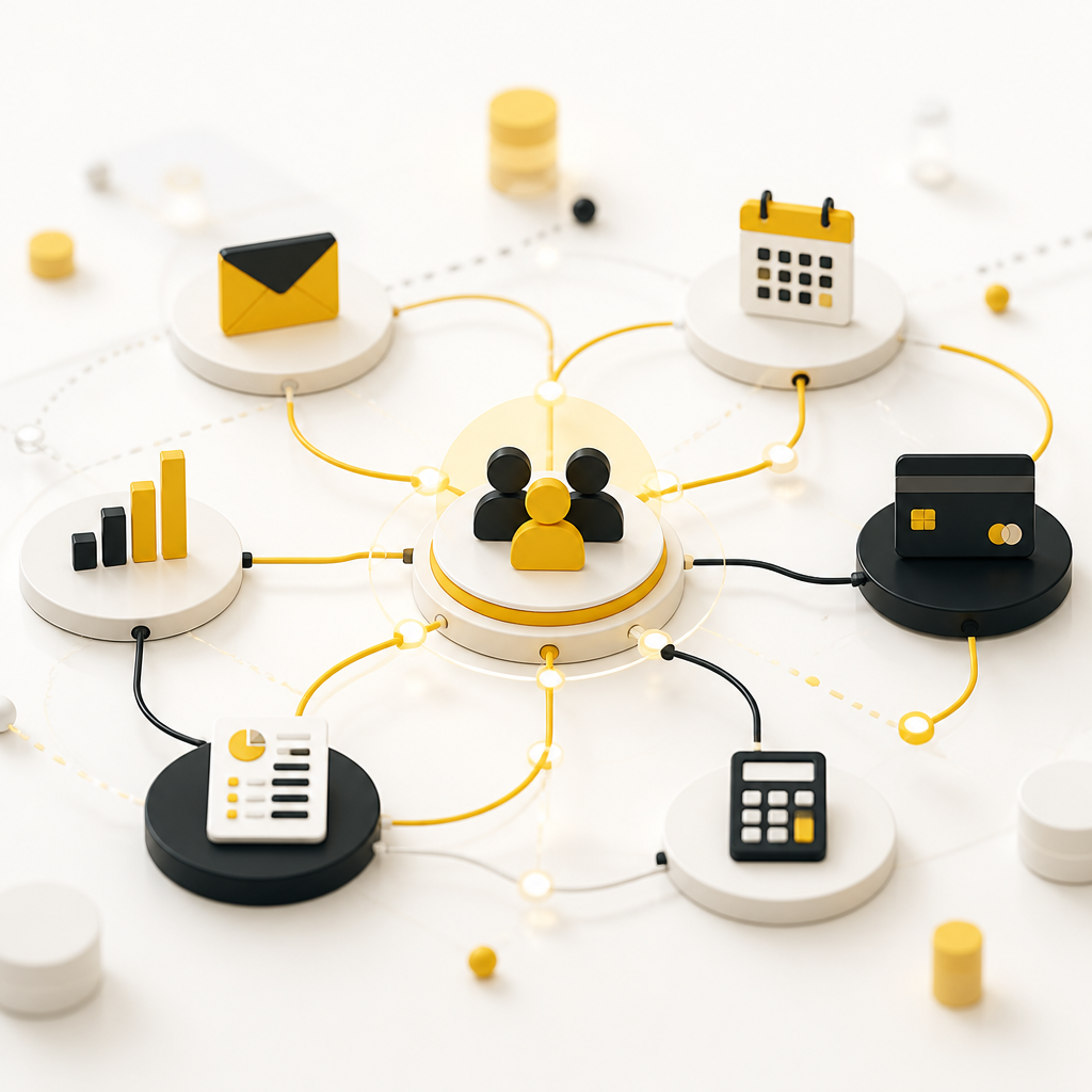 Abstract editorial scene of interconnected integration nodes showing automated nonprofit system syncing using icon-only shapes and connector lines in brand colors.
