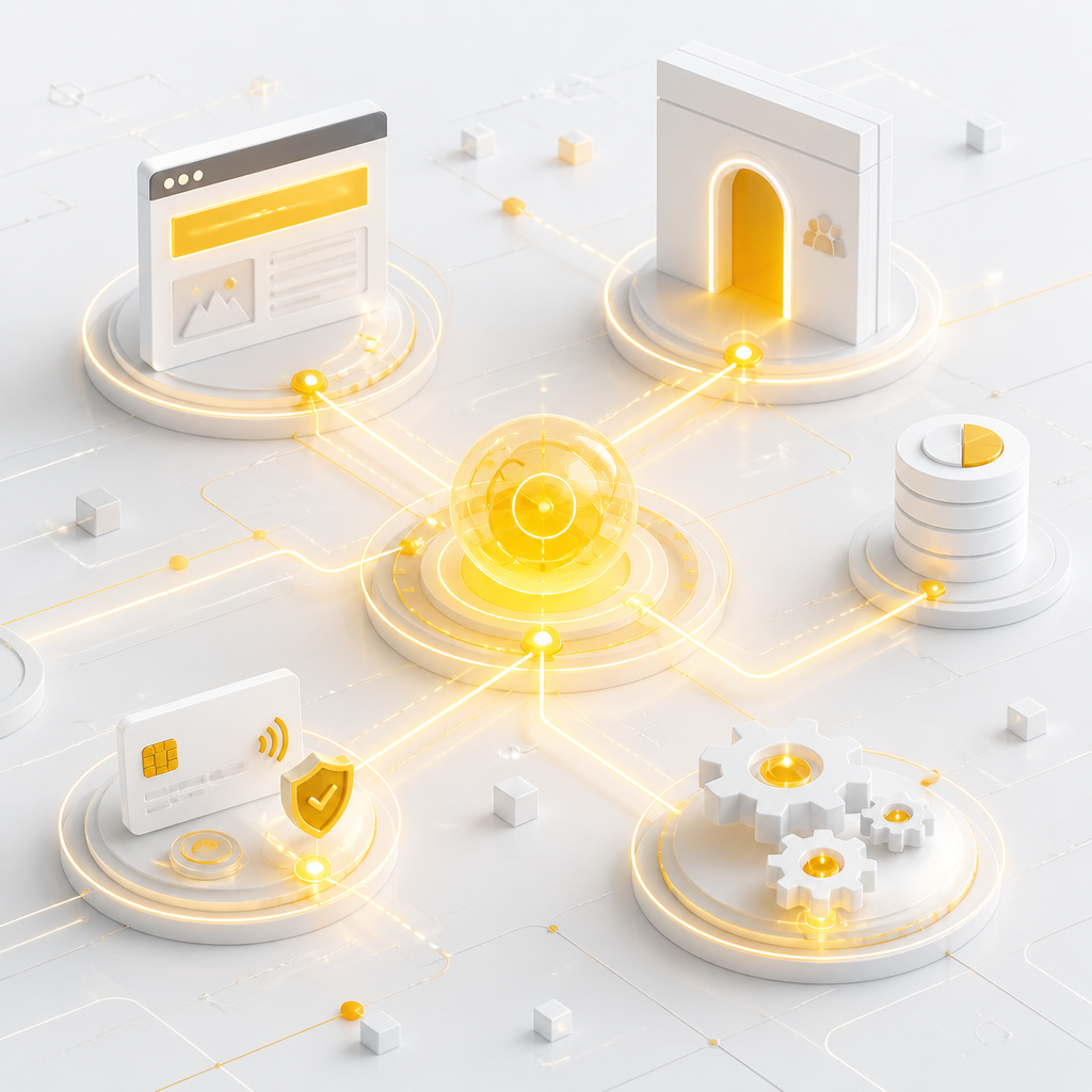 Abstract data network of glowing connections linking website, portal, CRM, payment workflow, and automation engine concepts in a premium editorial web-design palette.