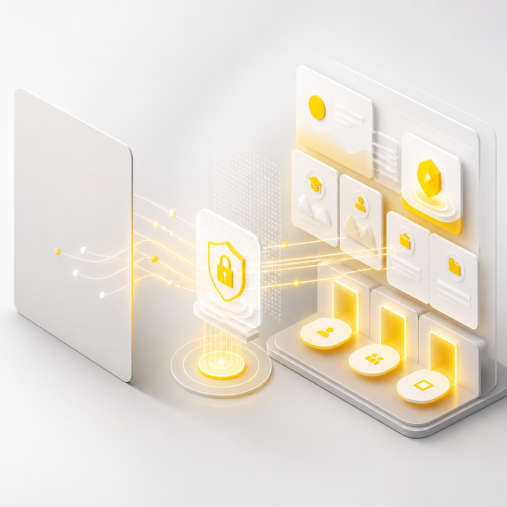 A premium editorial composition showing layered interface-like panels connected by glowing pathways to imply secure payment-based access control, without any readable text.