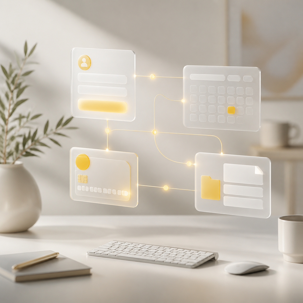 Abstract connected blocks representing lead capture, booking, secure payments, and client resources linked with glowing data paths in a premium web-design style palette.