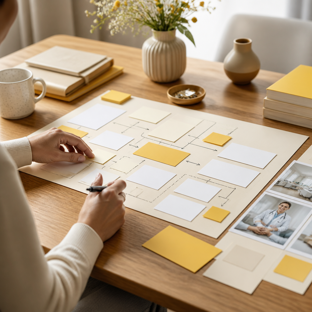 A refined desk scene with blank planning cards, sticky notes, and a structured content flow layout in warm amber and near-white tones, with no readable text.