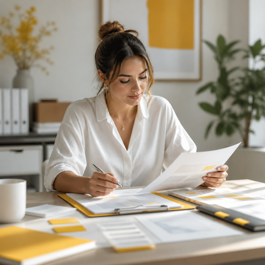 A healthcare marketing professional reviewing a blank service-page checklist and highlighted planning sheets on a clipboard with warm amber accents, with no readable text.